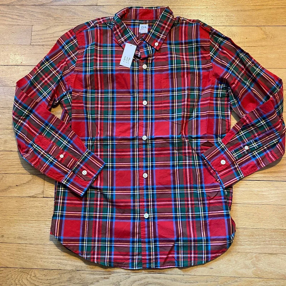 NWT Gap GapKids Plaid Holiday Tartan Plaid Poplin Button-Up Shirt (Size XL/ 12)